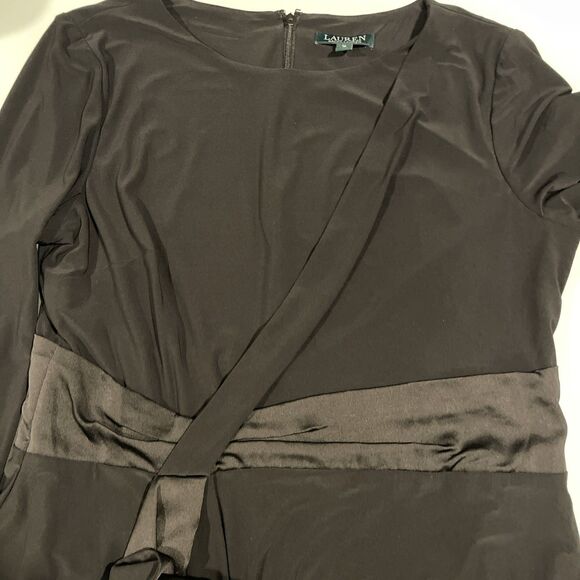 Ralph Lauren Black Knit Dress Satin Waist Ruffle Size 16 - Picture 4 of 14